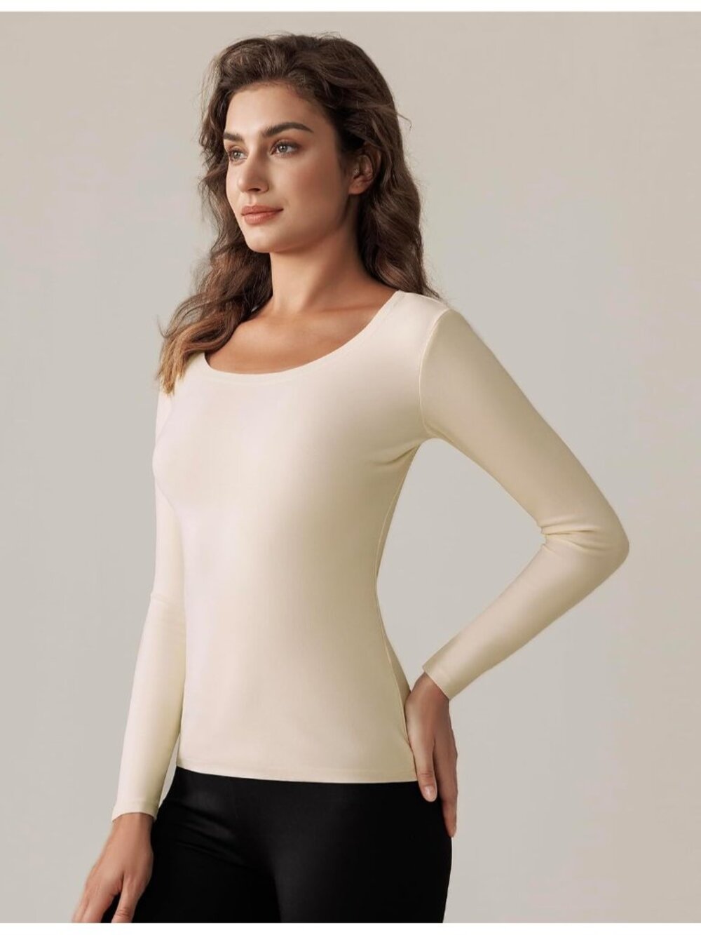Women's Beige Long Sleeve Scoop Neck Soft Double Fleece Lined Tops T Shirts
